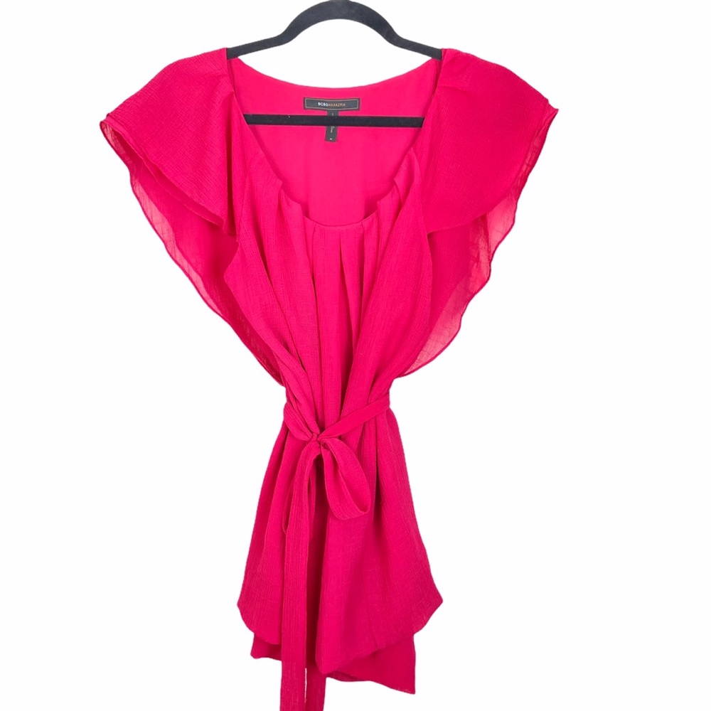 BCBGMAXAZRIA Azalea Pink Belted Ruffle Blouse, M
